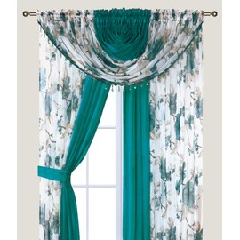 Sapphire Home Sheer Curtains - Two Tone 4 Panels Set w/Valance & Tiebacks, 55"x84", Lightweight Light-Filtering Window Curtain for Living Room, Bedroom, Kitchen, Dining Room - Turq Blossom/Turq