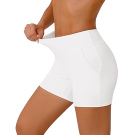 Bonneuitbebe Women's Swim Shorts High Waisted Bathing Suit Bottoms Swimwear Boyshort Swimsuit Board Shorts with Side Pockets White