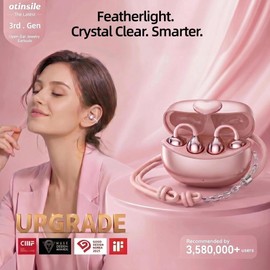 otinsile Clip-On Earbuds Bluetooth 6.0 Open Ear Headphones, 6H Playtime Wireless Ear Buds for Women Small Ears, Lightweight Clip for Glasses & Running, IPX7 Waterproof,Pink
