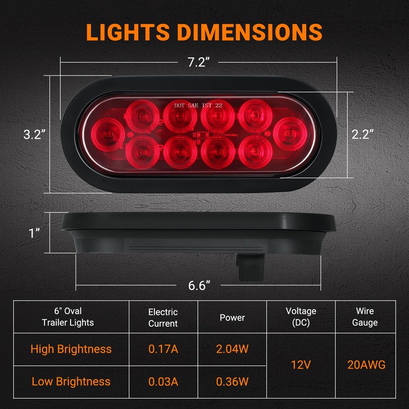 6PCS 6 Inch Oval LED Trailer Tail Lights, 4 Red
