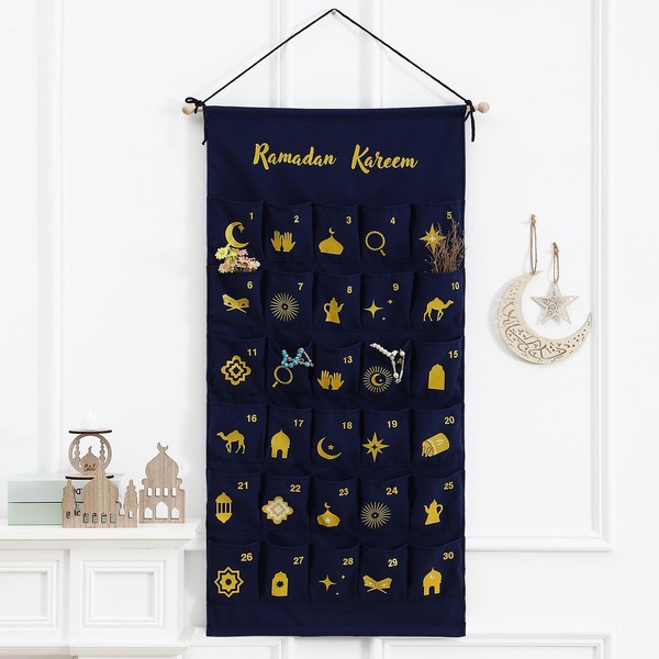 MONOBLANKS Fabric Ramadan Calendar with Pockets,30 Days Eid Mubarak Hanging
