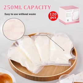 Breast Milk Storage Bags 120 Pack,Recyclable & BPA Free,Pre-sterilised,Breastfeeding Disposable Milk Storage Bag,No-Leak Milk Freezer Storage Pouche,250ml/8.8oz Capacity