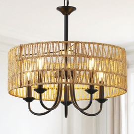 Modern Farmhouse Rattan Chandelier,5-Lights Large Boho Pendant Light Fixtures Ceiling with Hand Woven Wicker Shade,Black Drum Chandeliers for Dining Room Living Room Bedroom Kitchen Island