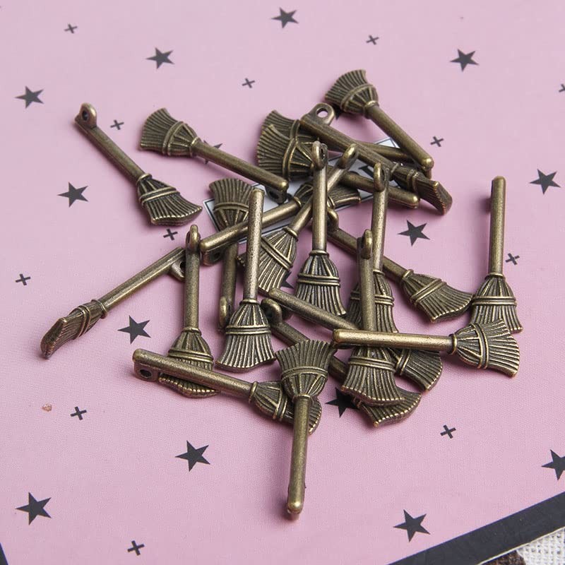 Acxico 40Pcs Broom Charms Broom Pendants Antiqued Silver Tone 3D