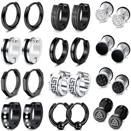 Thunaraz 12 Pairs Mens Earrings Stainless Steel Silver Black Stud Earrings Set Hypoallergenic Black Huggie Hoop Earring Fake Plug Helix Piercing Flat Back Earring for Men Women Gothic