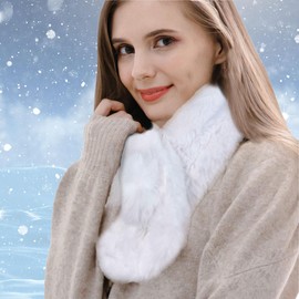 Rayson Women's Scarves with Bobble Faux Fur Scarf Women's Winter Soft Warm Fluffy Faux Fur Collar Scarf Christmas Scarf Women's Scarf Loop Scarves, White and beige