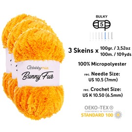 HobbyMia Bunny Fur Fluffy Yarn for Knitting & Crochet - 100gr / 109yds - 100% Micropolyester - Faux Yarn (5) Bulky Weight, Fuzzy Yarn for Hand Knitting (Orange, 3 Skeins)