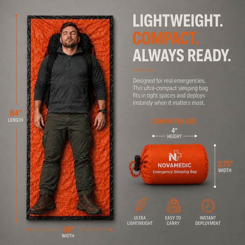 NovaMedic Emergency Sleeping Bag – 84"x36" Thermal Mylar Survival Bivy