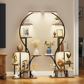 Corner Shelf Stand with Light, 2 Pack Display Shelf Cabinet for Collectibles, 65" Tall LED Book Shelves Bookshelf, Moon-Shaped Display Case, Corner Rack Standing Shelf for Bedroom Living Room (Black)