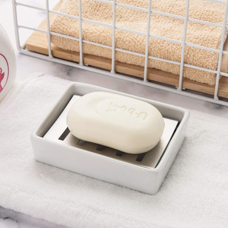 BUYGOO Soap Dish Tray, Ceramic Soap Dish, Stainless Steel Soap
