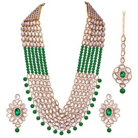 Aheli Royal Look Indian Kundan Beaded Necklace with Maang Tikka Set Ethnic Wedding Traditional Jewelry Gift for Women Green