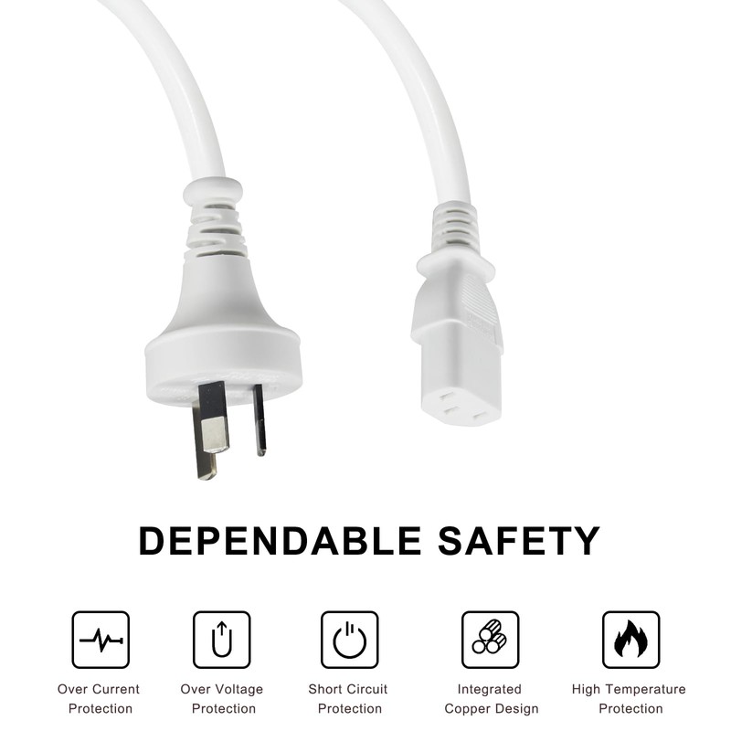 White PC IEC Power Cable 2m Ac 250V 10A Australian