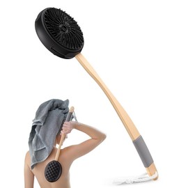 Silicone Body Scrubber with Long Wooden Handle, Dual-Sided Silicone Loofah for Men Women, Detachable Super-Exfoliating Body Scrubber and Super-Lathering Shower Brush Combination, Black Bath Personal Cleaning - Color: black