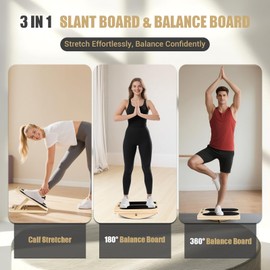 3-in-1 Wooden Slant Board & Balance Board, Portable 6 Angle Adjustable Calf Stretcher with 180°/360° Balance Training & Poster, Anti-Slip 300LBS Wobble Board for Physical Therapy & Standing Desk