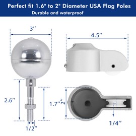 Flagpole Hardware Repair Parts Kit-50 Ft Halyard Rope +3" Silver Ball+6" Zinc Alloy Cleat +4 PCS Metal Swivel Snap Clips+Aluminum Alloy Flagpole Truck for1.6-2" Diameter Flag Poles Top