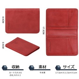 Visoul® Mini Wallet, Folding, High-quality Genuine Italian Leather, Unisex, Stylish, Lightweight; Thin, Dividers for Holding Licenses, Cards, Commuter Passes, Passports, and Other Documents - red -