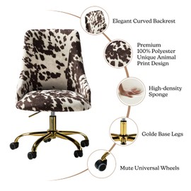 HULALA HOME Upholstered Desk Chair Modern Armless Office Chair with Wheels, Adjustable Swivel Fabric Task Chair for Living Room, Bedroom, Vanity Room(Gold Base, Cowhide)
