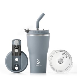 Ideus Isolierbecher 14oz (420ml), Doppelwandige Kaffeetasse Edelstahl Kaffeebecher Reisebecher mit auslaufsicherer Abdeckung und Stroh, geeignet für heiße und kalte Getränke (Classic Grau)