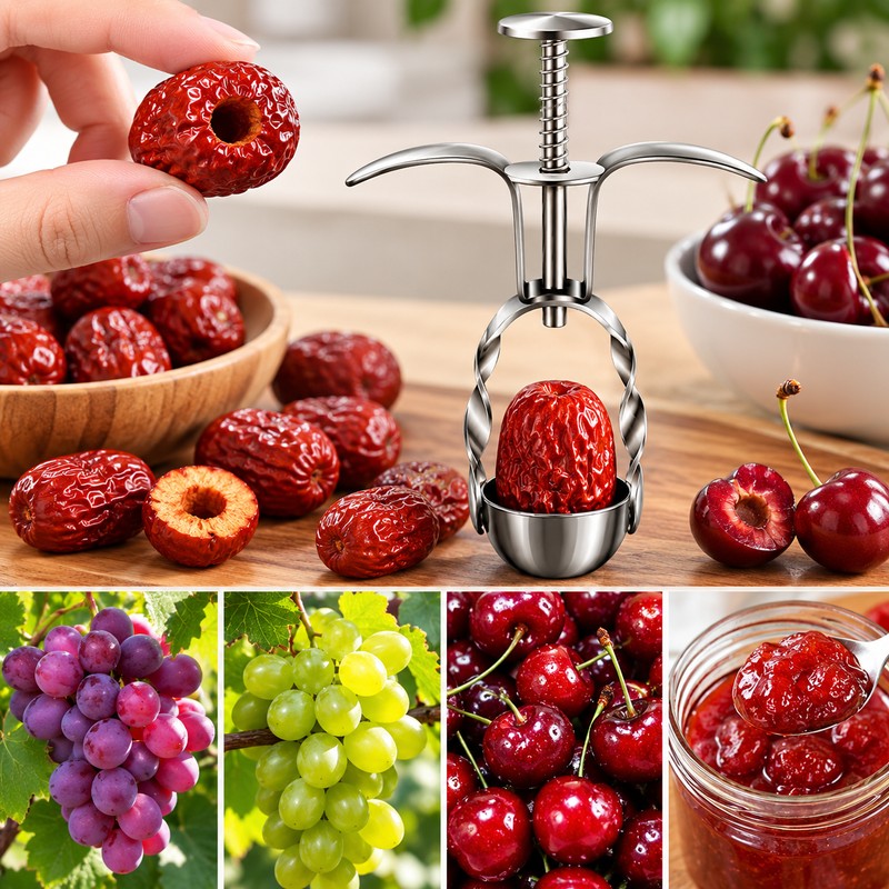 Stainless Steel Fruit Pitter for Cherries & Jujubes – Spring-Loaded