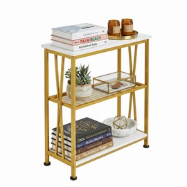 GIOPACO Narrow Side Table, End Table with 3 Tier Storage Shelves, Industrial Rustic Accent Skiny End Tables for Small Spaces, Slim Couch Beside Table, Small Hallway Table for Living Room (White+Gold)