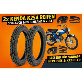Moped Tyre Set 2.75-17 (2 3/4 x 17) with Tubes and Rim Tapes - Suitable for Kreidler Florett K54 RS RMC TM LF LH, Hercules, Simson, Zündapp and Other Mopeds