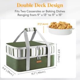 LUNCIA Double Decker Insulated Casserole Carrier for Hot or Cold Food, Lasagna Holder Tote for Potluck Parties/Picnic/Cookouts, Fits 9"x13" Baking Dish, Dark Green