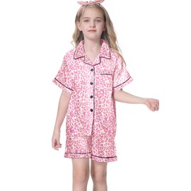 Umeyda Womens Silk Pajamas Set Cute Loungewear Pjs Stain Short Sleeve Button Down Sleepwear, Baby Pink Leopard, Small