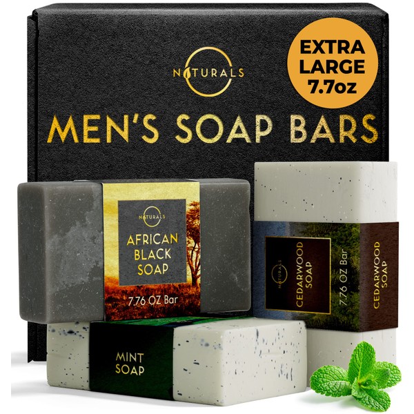 Bar Soap for Men - 3-Pc Mens Soap Bar 7.7oz - Natural Soap - Mens Bar Soap - Body Soap Bars - Men Soap, Natural Soap for Men, Organic Men's Soap Bar, Exfoliating Soap - African Black, Cedarwood & Mint