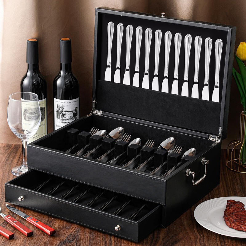 DoubleFill 2 Layer Leather Silverware Storage Box with Lid Drawer