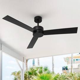 Ceiling Fans without Lights 52 Inch Black Ceiling Fan No Light with Remote Control, Flush Mount Outdoor Ceiling Fans for Patios Bedrooms, DC Motor Reversible 3 Blades, Timer, Ventilador de Techo