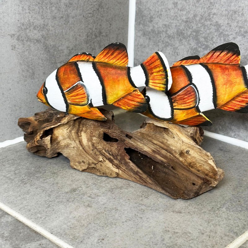 Clownfish On Driftwood Coral Reef Sculpture Rustic Tropical Sea Shoal