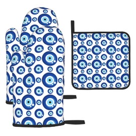 Blue Evil Eyes Oven Mitts and Pot Holders Sets of 3 Funny Hot Pads Heat Resistant Non Slip Washable for Cooking Grilling Baking BBQ Kitchen Decor