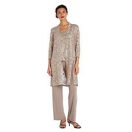 R&M Richards Women's Plus Size Scallop Lace Duster Pant Set, Champagne, 14W