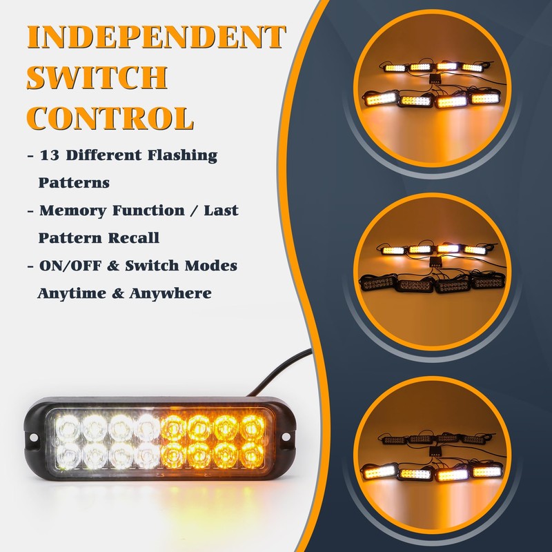 V-SEK Amber White LED Strobe Lights Kit - 8PCS 16-LED