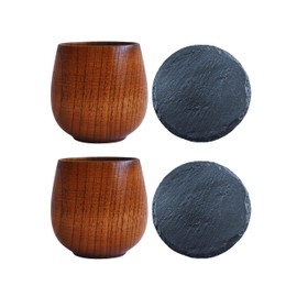 OCTTORINE 2 Pack Wooden Bourbon Glasses with Slate Stone Coasters, Old Fashioned Wine Cup Kit, Great Gifts for Men, Groomsmen, Dad, Brother, Anniversary Birthday Retirement Gift