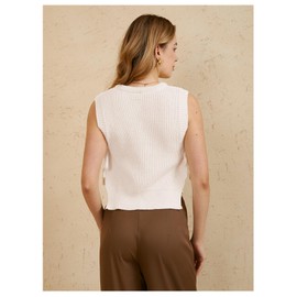 MakeMeChic Women's Tie Side Split Hem Crochet Knitted Sweater Vest Sleeveless Crew Neck Sweaters Tank Top, Beige, Medium