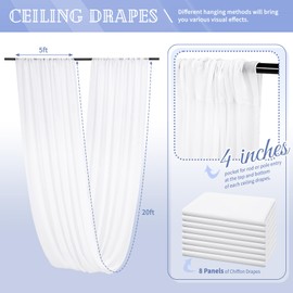 8 Panels White Ceiling Drapes for Wedding 5ftx20ft Chiffon Fabric Arch Draping Curtains for Party Ceremony Birthday Baby Shower Reception Stage Ceiling Decorations