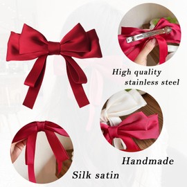 3 PCS Big Bow Hair Clips, Large Silky Satin Ribbon Bow Clips, Large Bowknot Hairpin French Hair Clips Red Hair Bows for Women Solid Color Hair Barrettes Accessories for Women Girls(Red+Black+White)