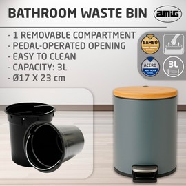 Amig - 3L Bathroom Pedal Bin Mod. Naturline - Grey and Bamboo - Hands-Free Hygienic Opening - Ø16.8 x 23 cm - Lacquered Stainless Steel - Round Bin with Airtight Lid