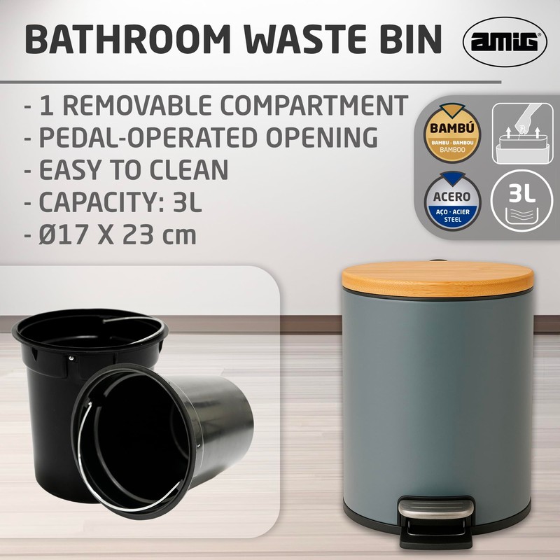 Amig - 3L Bathroom Pedal Bin Mod. Naturline - Grey
