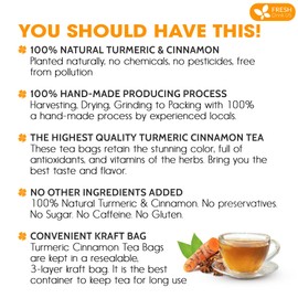 FreshDrinkUS, Premium 40 Turmeric Cinnamon Tea Bags, 100% Natural, Blend of Turmeric, and Cinnamon. Made with Natural Material Tea Bags. No Sugar. No Caffeine. Vegan.