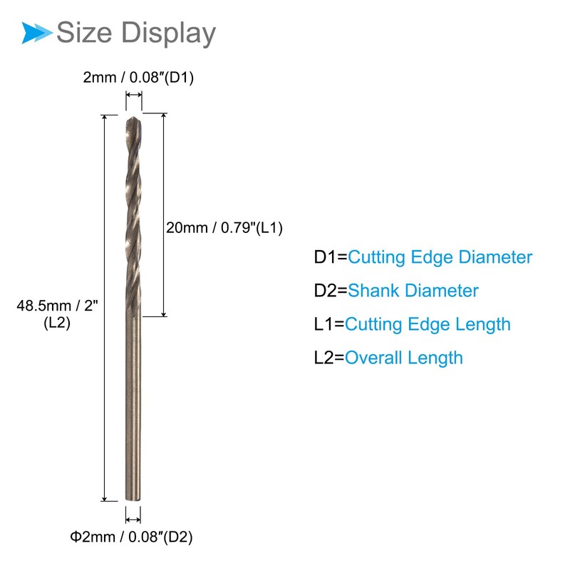 CoCud Twist Drill Bit 2mm Cutting Edge Titanium Nitride Coated