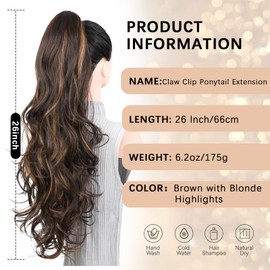 Claw Clip Ponytail Extension - 26 Inch Long Ponytail Extension, Wavy Pony Tails Hair Extensions, Synthetic Hair Extensions Ponytail, Clip On Ponytails for Women (Color: Brown with Blonde Highlights)
