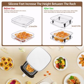 Dewocke 3-Layer Square Air Fryer Rack Set Including 4 Heighten Feet and Clip, 20cm Stainless Steel Air Fryer Accessories, Compatible with Ninja Speedi 5.7L, Cosori 5.5L, Tefal 6.5L etc