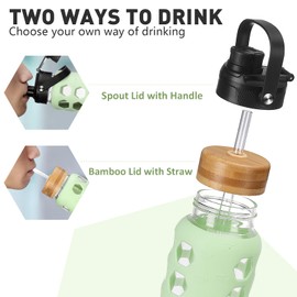 MUKOKO Glass Water Bottles,24oz Glass Tumbler with Straw,Drinking Bottles with 2 Lids-Handle Spout Lid&Bamboo Straw Lid,Motivational Water Bottle with Time Marker and Silicone Sleeve,1 Pack-Mustard