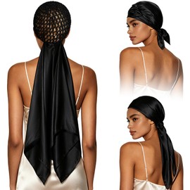 Wrap Cap Hair Net and Scarf, 2 in 1 Wrap Cap Bonnet for Sleeping & Stylish Silk Press Hair Wraps Scarf for Women, Soft Elastic Hair Wraps Net for Silk Press, Overnight Moisturizing & Anti-Frizz(Black)