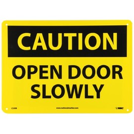 NMC C55RB OSHA Sign, Legend "CAUTION - OPEN DOOR SLOWLY", 14" Length x 10" Height, Rigid Plastic, Black on Yellow