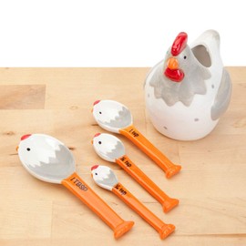 Bits and Pieces 4-Piece Ceramic Chicken Measuring Spoons Set with Holder - Farm Animal Country Theme - Includes 1/4, 1/2, 1 Teaspoon, 1 Tablespoon, Kitchen Chicken Decor