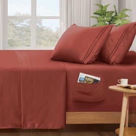 SiinvdaBZX Extra Deep Pocket Queen Sheets Set - Fits Mattress Up to 24 Inches Thick - 4 Piece Rust Deep Pocket Sheets for Air Mattress - Soft 1800 Thread Count Fitted Sheet with Side Pocket