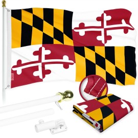 UD_G128 Combo Pack: 6 Ft Tangle Free Aluminum Spinning Flagpole (White) & Maryland MD State Flag 3x5 Ft, ToughWeave Series Embro